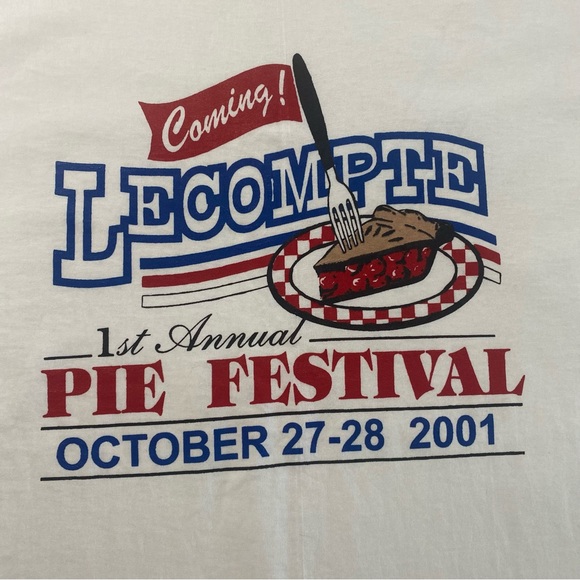 Vintage 2001 Lecompte Pie eating contest Humor Festival tee shirt NWOT 2XL white - Picture 4 of 9